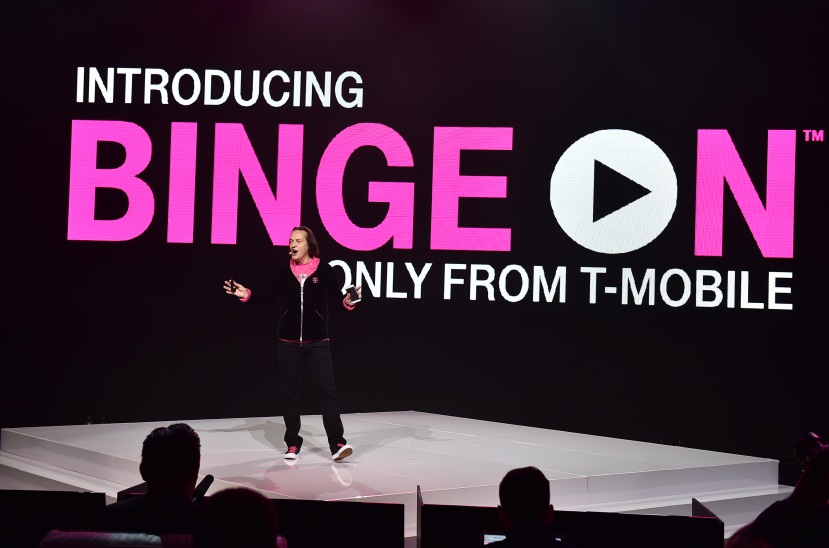 IMAGE DISTRIBUTED FOR T-MOBILE - T-Mobile CEO John Legere introduces Binge On during the Un-carrier X press conference at the Shrine Auditorium on Tuesday, Nov. 10, 2015, in Los Angeles. Binge On allows T-Mobile customers to stream video for free without using their LTE data. (Photo by Jordan Strauss/AP Images for T-Mobile)